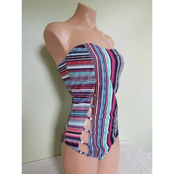 Jessica Simpson dark navy blue cut out bandeau one piece swimsuit size L - Picture 2 of 5